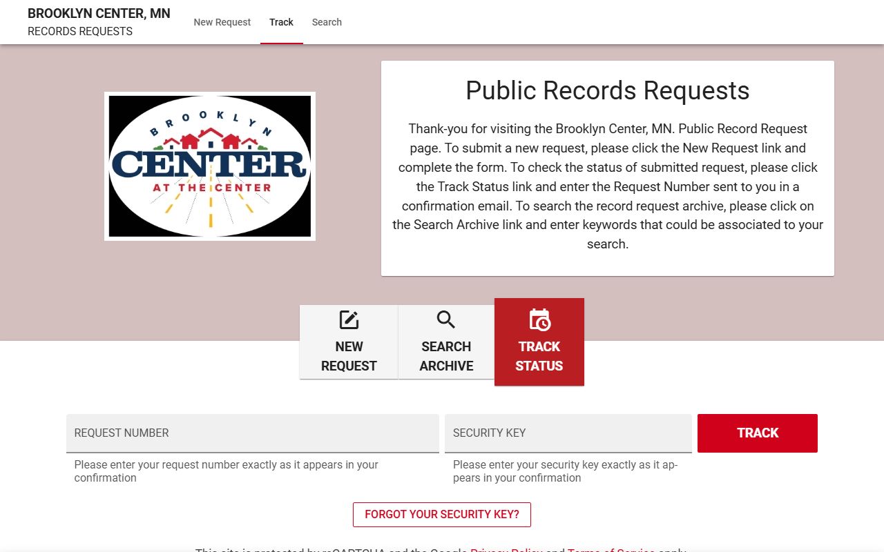 Brooklyn Center JustFOIA public records portal for requesting police and city records