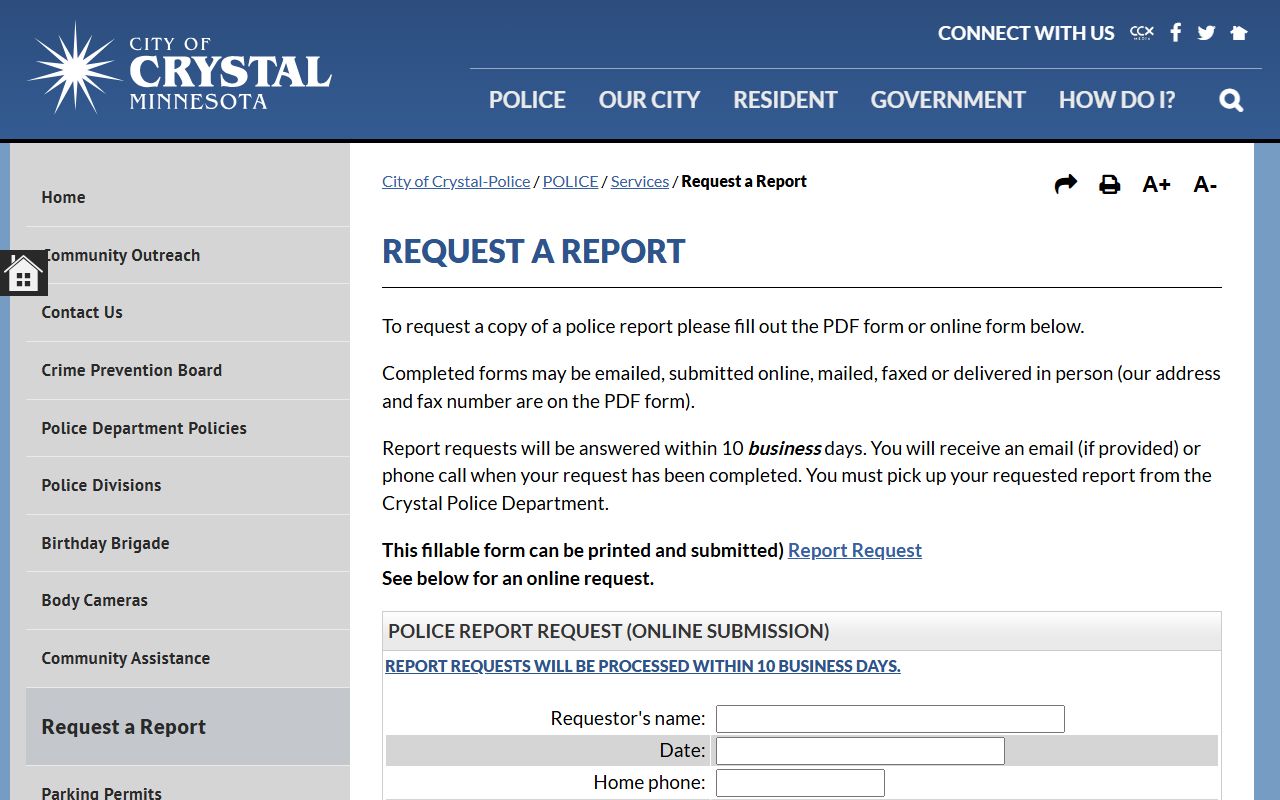 Crystal Police Department Request a Report Page - Crystal People Search